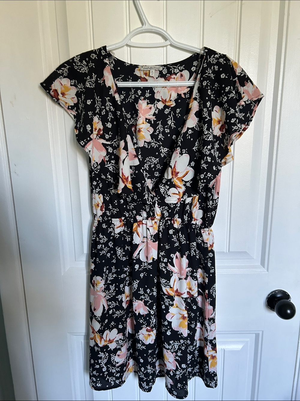 Charlotte Russe Black Midi Dress with Pink & White Floral Print